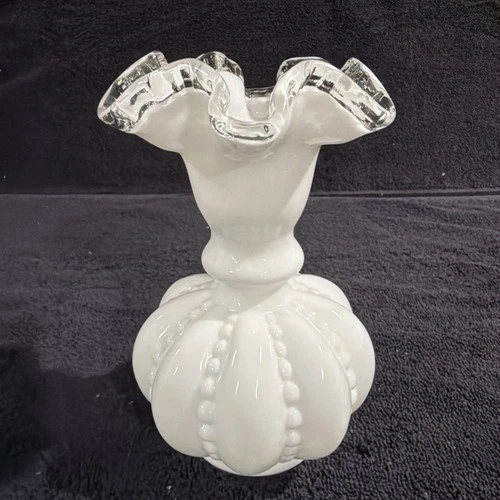 Vintage Fenton Milk Glass Ruffled Edge Beaded Melon Vase 6"