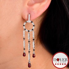 Estate Diamond Garnet 14K White Gold Long Tassel Dangle Earrings 12.3 Grams NR