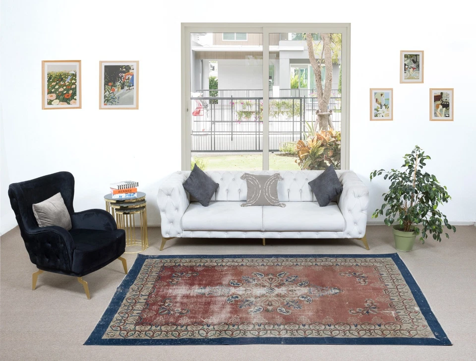 6.3x10 Ft Handmade Turkish Vintage Rug in Soft Red, Beige with Blue Solid Border - Image 2 of 4