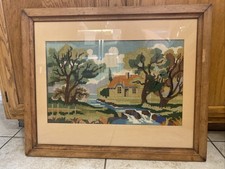 Large Vintage Framed Needlepoint Cottage Landscape 27 1/4" x 22 1/4"