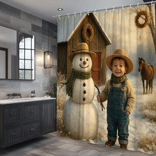 Whimsical Snowman and Child Shower Curtain - Winter Decor