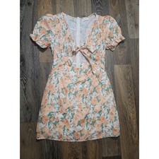 Rumor Peach Floral Smocked Mini Dress Puff Sleeve Front Tie Cutout Size 10