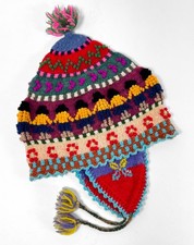 Peruvian Chullo Hand Knit Wool Beanie Pom Pom Hat with Earflap Tassels Boho