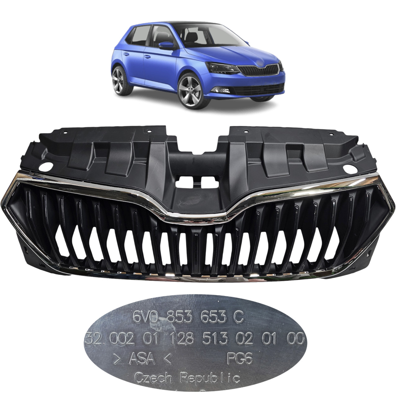 Skoda Fabia 3 grille de pare-chocs 6V0853653C avec baguette chromée