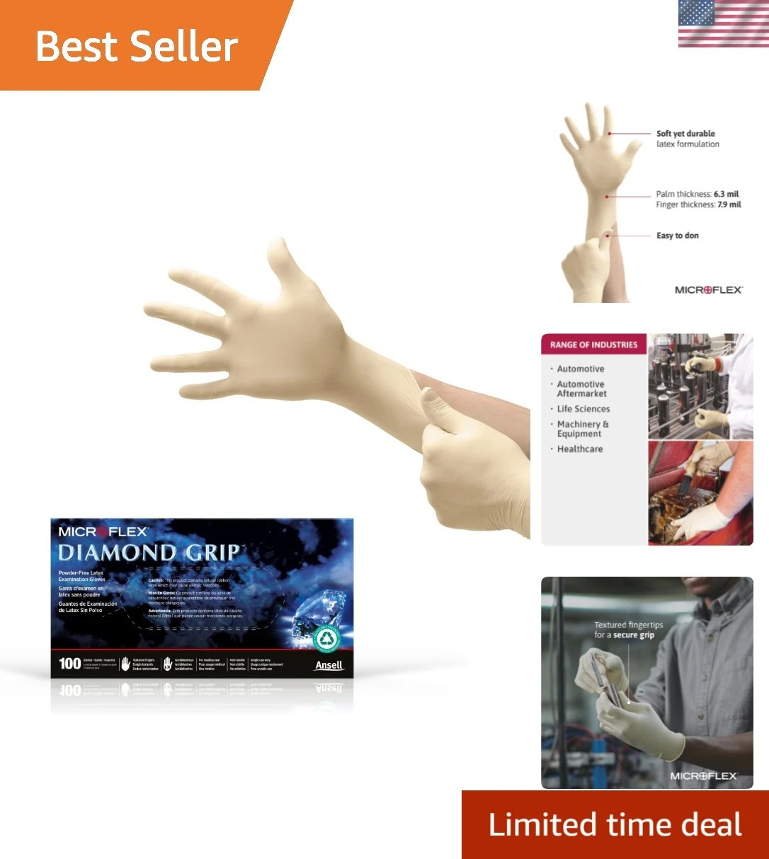 MICROFLEX Diamond Grip MF-300 Disposable Latex Gloves for Automotive, Healthc...