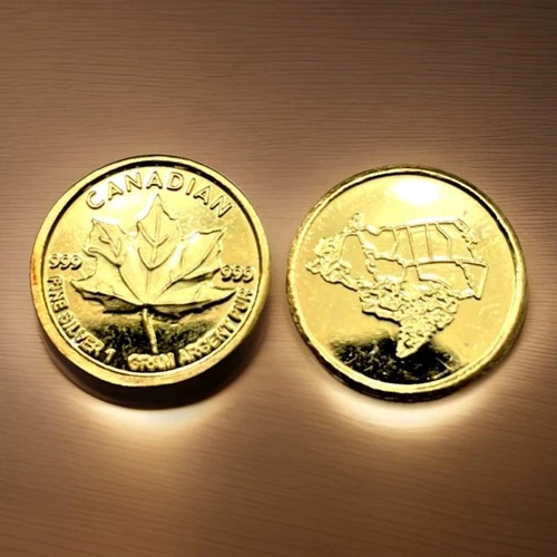 1 Round - 1 g gram 24k Gold over Solid Silver Canadian Maple Leaf .999 Fine