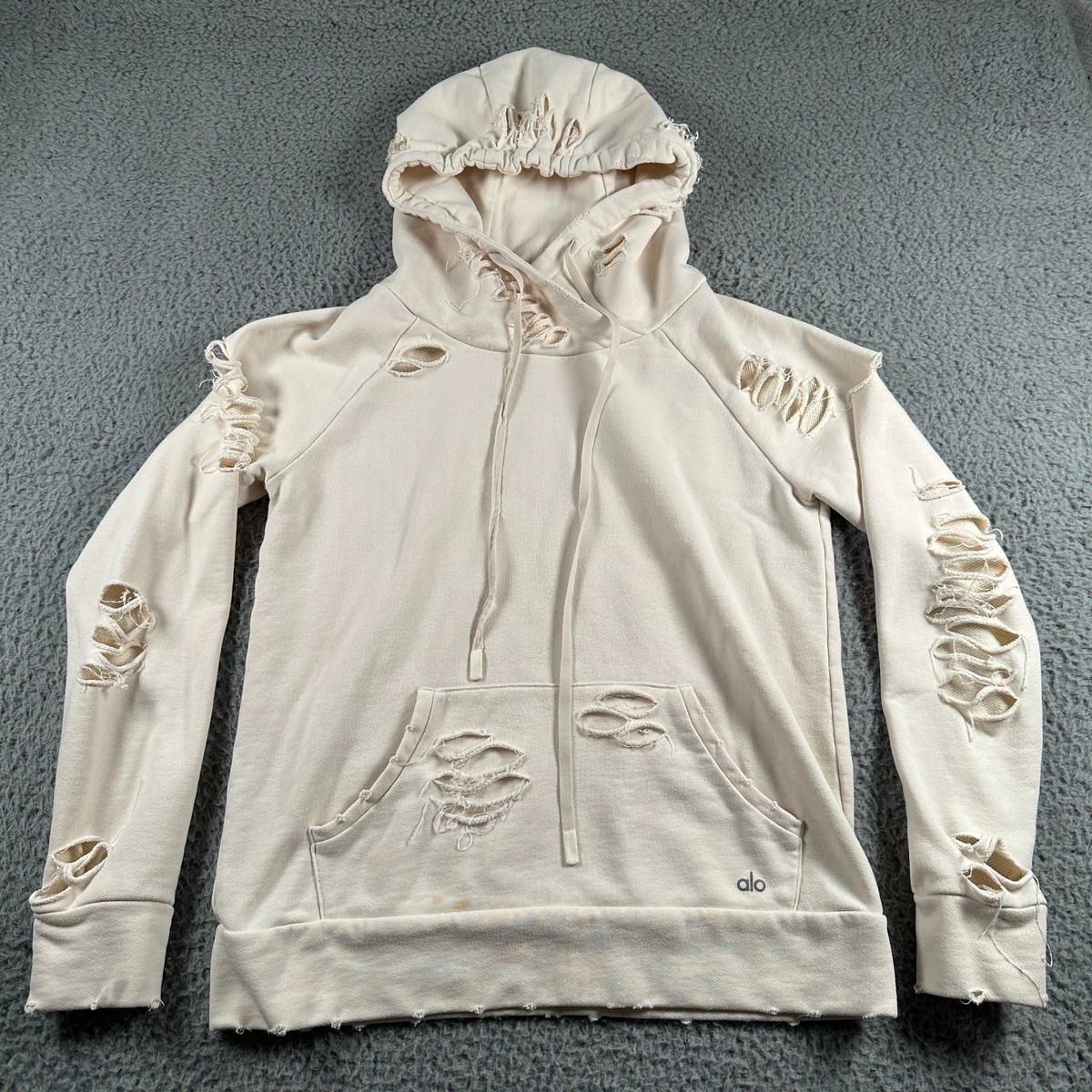 ALO Hoodie Distressed Shredded Beige Womens XS Sweatshirt Ripped