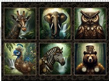 32" X 42" Panel Steampunk Menagerie Animals Giraffes Gears Cotton Fabric D375.96