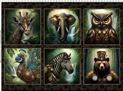 32'' X 42'' Panel Steampunk Menagerie Animals Giraffes Gears Cotton Fabric D375.96