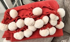 Image of GORGEOUS LAURA ASHLEY pom pom throw in cranberry NEW WITHOUT TAGS LARGE