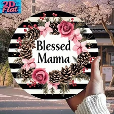 Round Aluminum Wall Decor Mothers Day Gift Mustard Red Floral Pattern