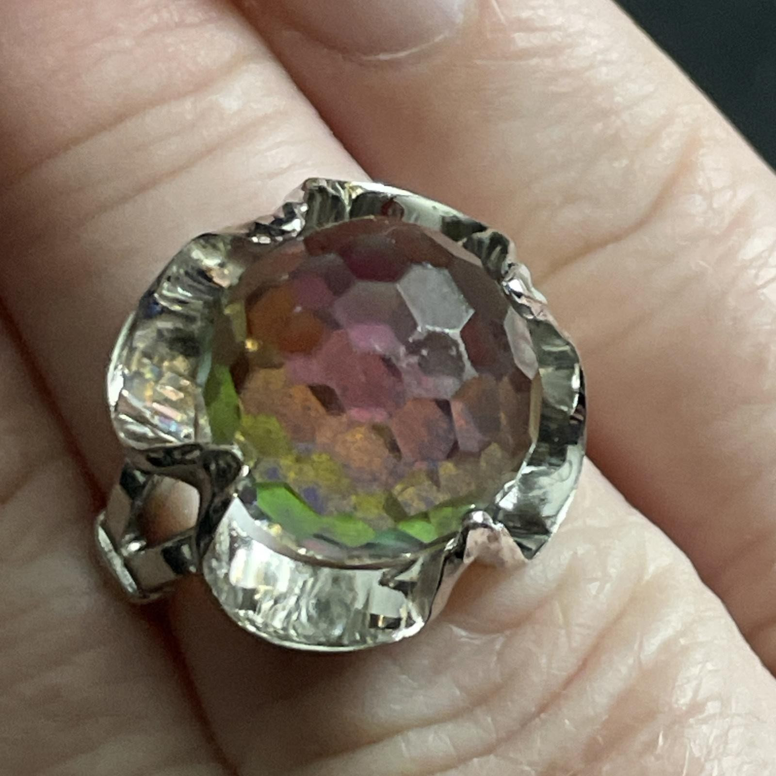 925 Watermelon Rhinestone Ring Size 4.75 Sterlin Silver Statement Cocktail Disco