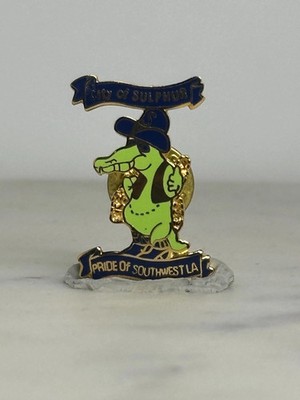 City of Sulphur Alligator Pin: Gold & Blue Enamel - Vintage Souvenir Accessory