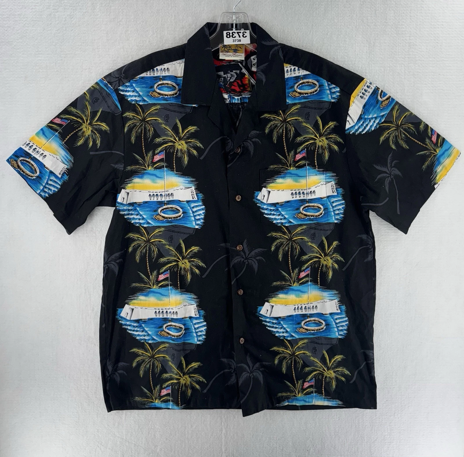 Winnie Fashion Mens Hawaiian Shirt L Made in Hawaii Pearl Harbor Attack Rare!