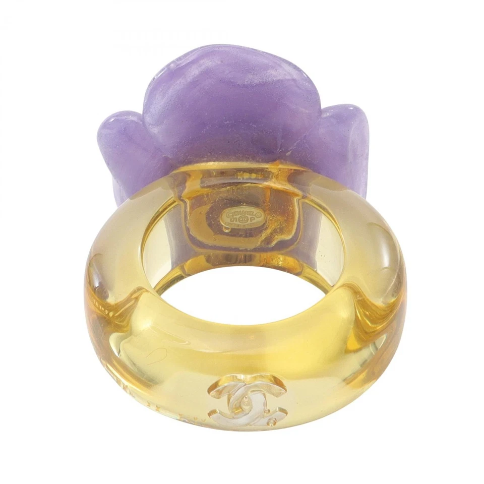 Anillo Chanel Camelia Resina Púrpura Amarillo Usado EE. UU. Talla #6.5 Mujer Foto 3 de 4