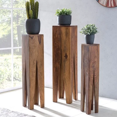 Satztisch FineBuy Massivholz Blumentisch 3er Set Säulentisch Dekosäule Eckig - Bild 1 von 4