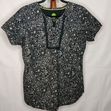 Healing Hands women's size M scrubs top black white floral v-neck 2 pockets SS