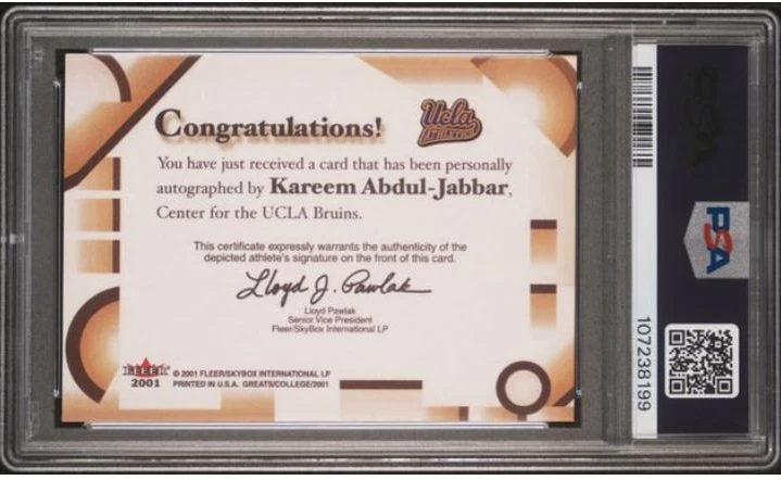 Tarjeta de baloncesto Fleer Kareem Abdul-Jabbar 2001 firmada PSA 8 ADN 10 certificada Salón de la fama Foto 4 de 4