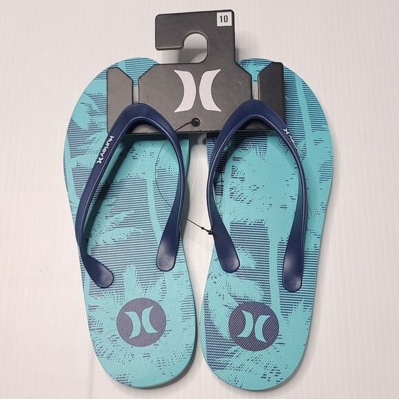 Hurley Tropical Palm Trees Light Blue Flip Flops Slippers Men's Size 10 NWT