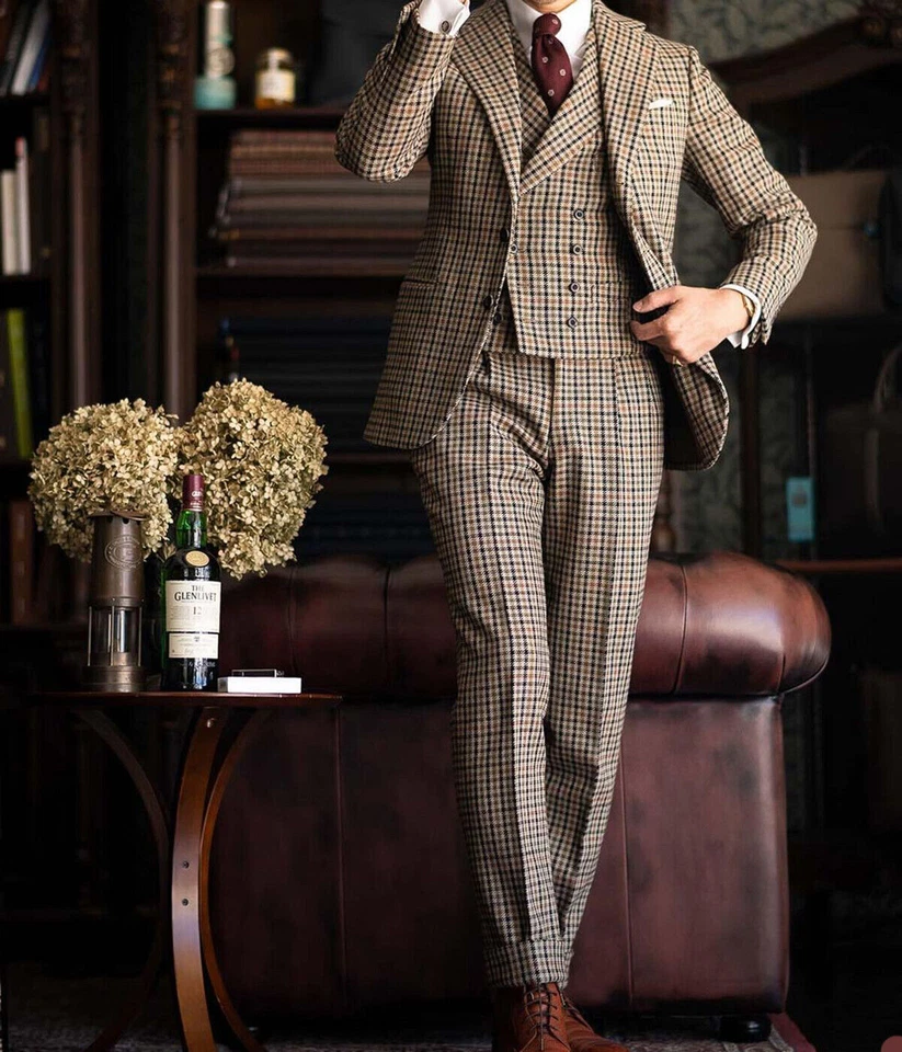 Pata de gallo Hombres Trajes 3 Piezas Negocios Boda Novio Esmoquin Calce Ajustado Chaleco Clásico Foto 4 de 4