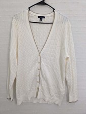 Lands End Womens 1X 16-18 Cardigan Sweater Ivory Cream Gold Trim Cable Knit