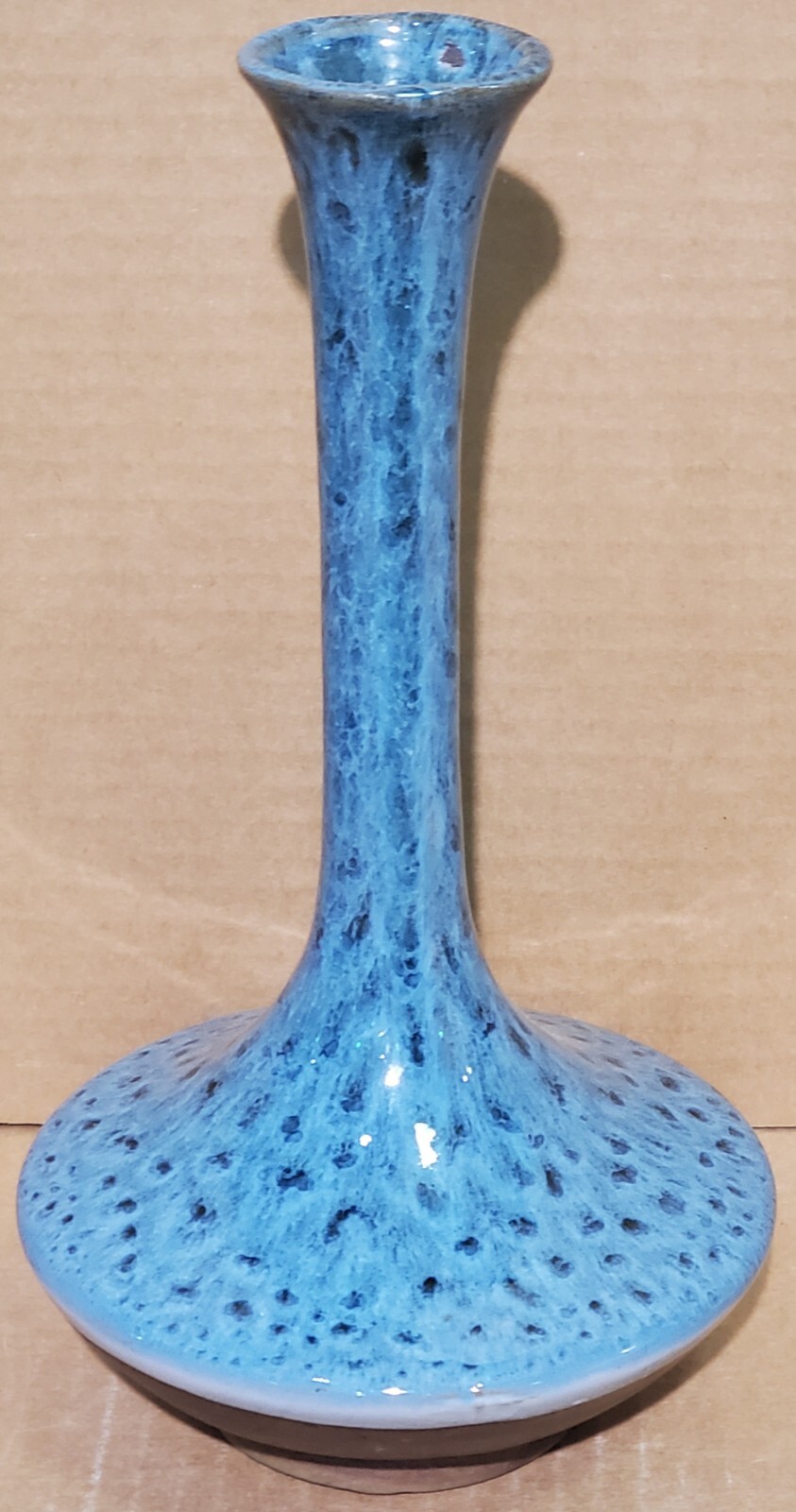 Vintage 11" Mottled Glaze Arts Crafts Mission Vase Blue Peacock Feather