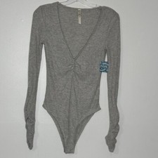 NWT Free People Bodysuit Top Womens Small Cozy Up With Me Gray Rib Knit