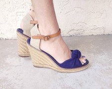 Tory Burch Macy Linen Twist Knit Ankle Strap Braided Espadrille Wedges Heels 7