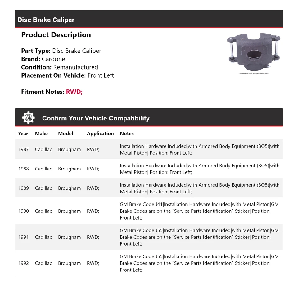 Pinza de freno de disco delantera izquierda Cardone 1988 para Cadillac Brougham 1987-1992 tracción trasera Foto 2 de 4