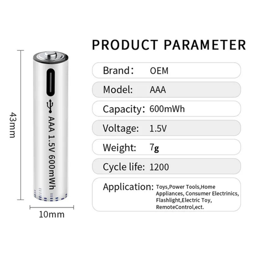 AAA Rechargeable USB-C Batteries Pack of 4 1.5V 600mWh Lithium for Toys & Remote - Picture 4 of 9