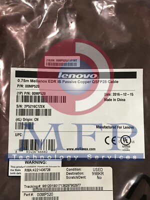 00MP520 LENOVO 0.75M NEW MELLANOX EDR IB PASSIVE COPPER QSFP