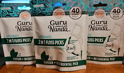 New 3 packs GURU NANDA Ultimate 2 in 1 Floss Picks WILD MINT 40 ct @ Free Ship
