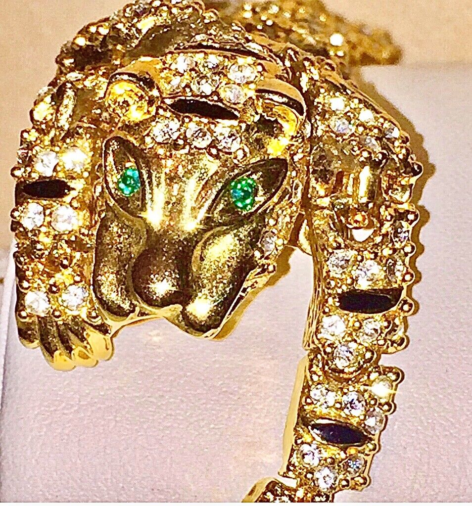 Gold Tiger Brooch Black Enamel Rhinestone Emerald… - image 15