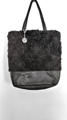 DKNY Logo Large Satchel Bag - Black Leather Trim and  Black Tulle Roses