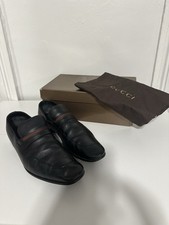 Gucci Black Leather Men's Slip-On Loafers with Green and Red Stripe - 12 D