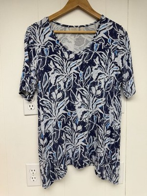 LOGO Lori Goldstein Womens M Blue Floral Swing Tunic Top Rayon Stretch Pockets