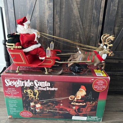 Gemmy Singing Sleigh Ride Santa Flying Reindeer RARE VTG 2001 Works!!