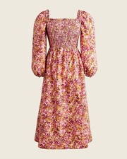 J.Crew Smocked Puff-Sleeve Midi Dress in Faded Floral Pink Medium