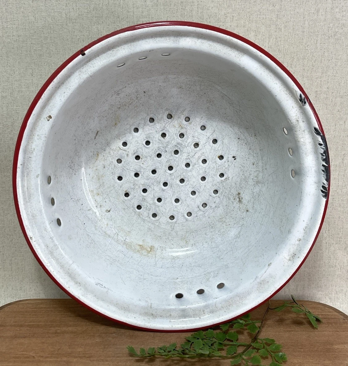 Enamelware Colander Strainer Bowl White Red Rim Perforated 10 Inch Antique
