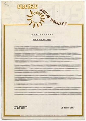 Ken Hensley New Album Itinerary Shotgun Press Release Bronze 1981