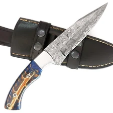 CUSTOM HANDMADE DAMASCUS KNIFE WITH PINE CONE HANDLE PREMIMUM LEATHER SHEATH T17