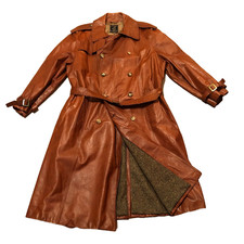 Vintage Cognac Brown Distressed Leather Men 46 FR Tripler Double-breasted Trench