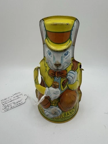 Vintage Chein UNCLE WIGGLY Rabbit Eating Carrot Tin Litho Mechanical Bank Toy