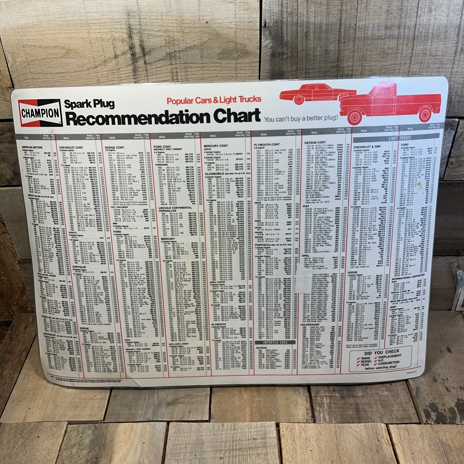 Vintage CHAMPION spark plug chart 23x17 laminated Popular Cars Light Trucks