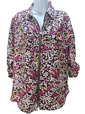 Michael Kors Pink & Black Floral Cotton Full Zip Top Size Large Xl lightweight