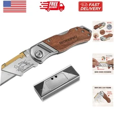Folding Utility Knife with Belt Clip and Extra 10-piece Blades, Wood Handle H...