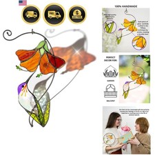 Multicolor Hummingbird Handmade Stained Glass Suncatcher Window Hibiscus