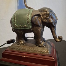 Vintage Bronze Elephant Table Lamp. Green Saddle Wooden Base