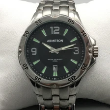 Armitron Watch Mens 40mm Silver Tone Date Black Dial New Battery 8"