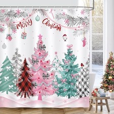 Merry Christmas Shower Curtain, Pink Green Xmas Tree Pine Branches Winter